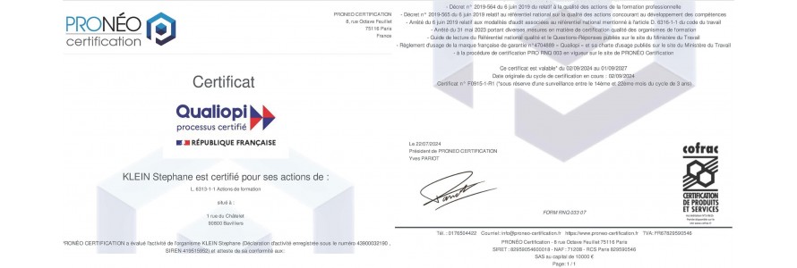 certificat Qualiopi Stephane KLEIN